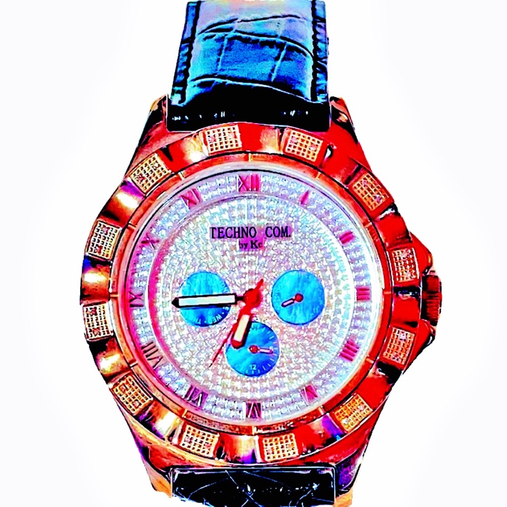Techno Com By KC w Genuine Diamonds Mother of Pearl Dial Leather Band✨ - Picture 1 of 15
